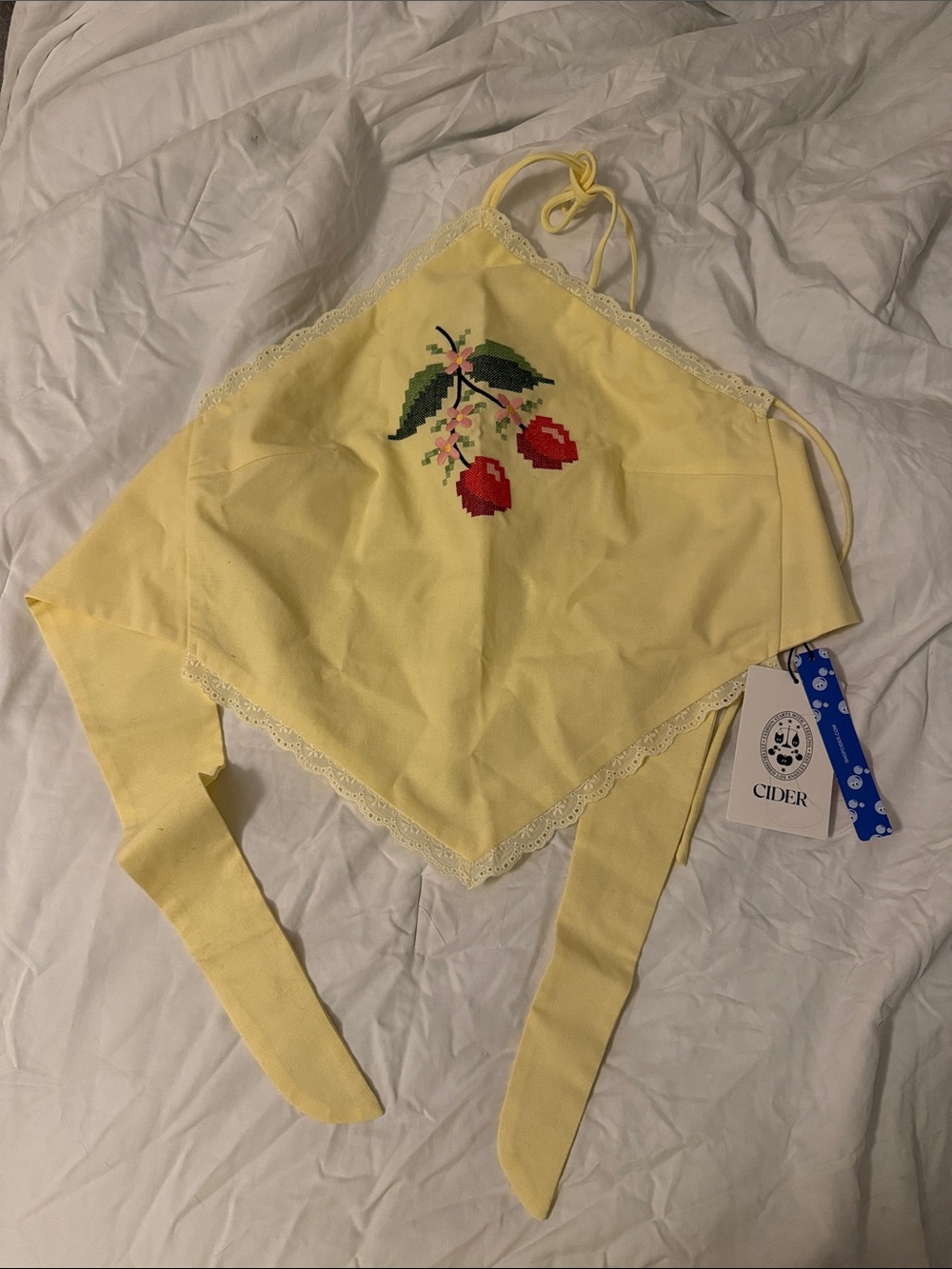 Cider Yellow Cherry Embroidered Halter Bandana Top with Lace Trim